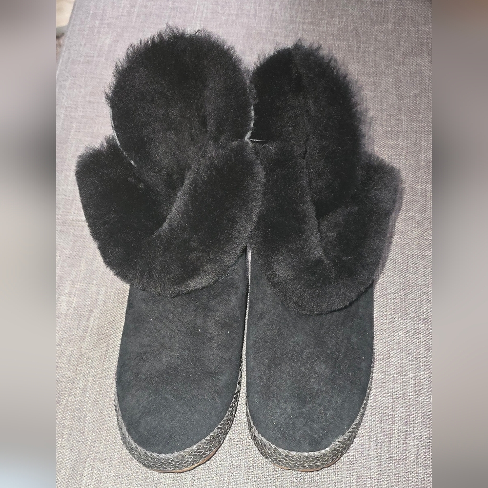 UGG Garnet Black Suede Fur-Trim Slip-On Slippers